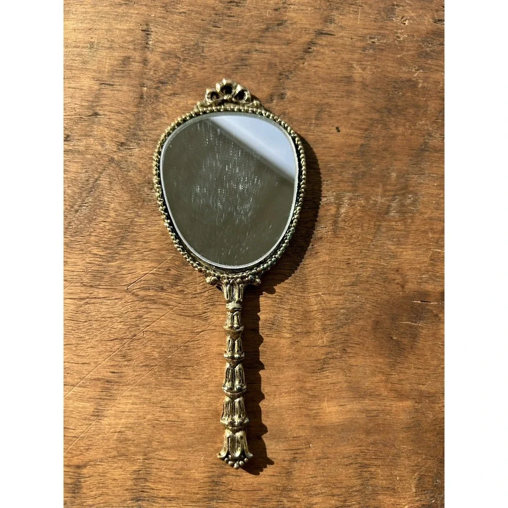 Vintage Ornate Hand Mirror Floral Scroll Gold Tone Vanity Mirror 5.5